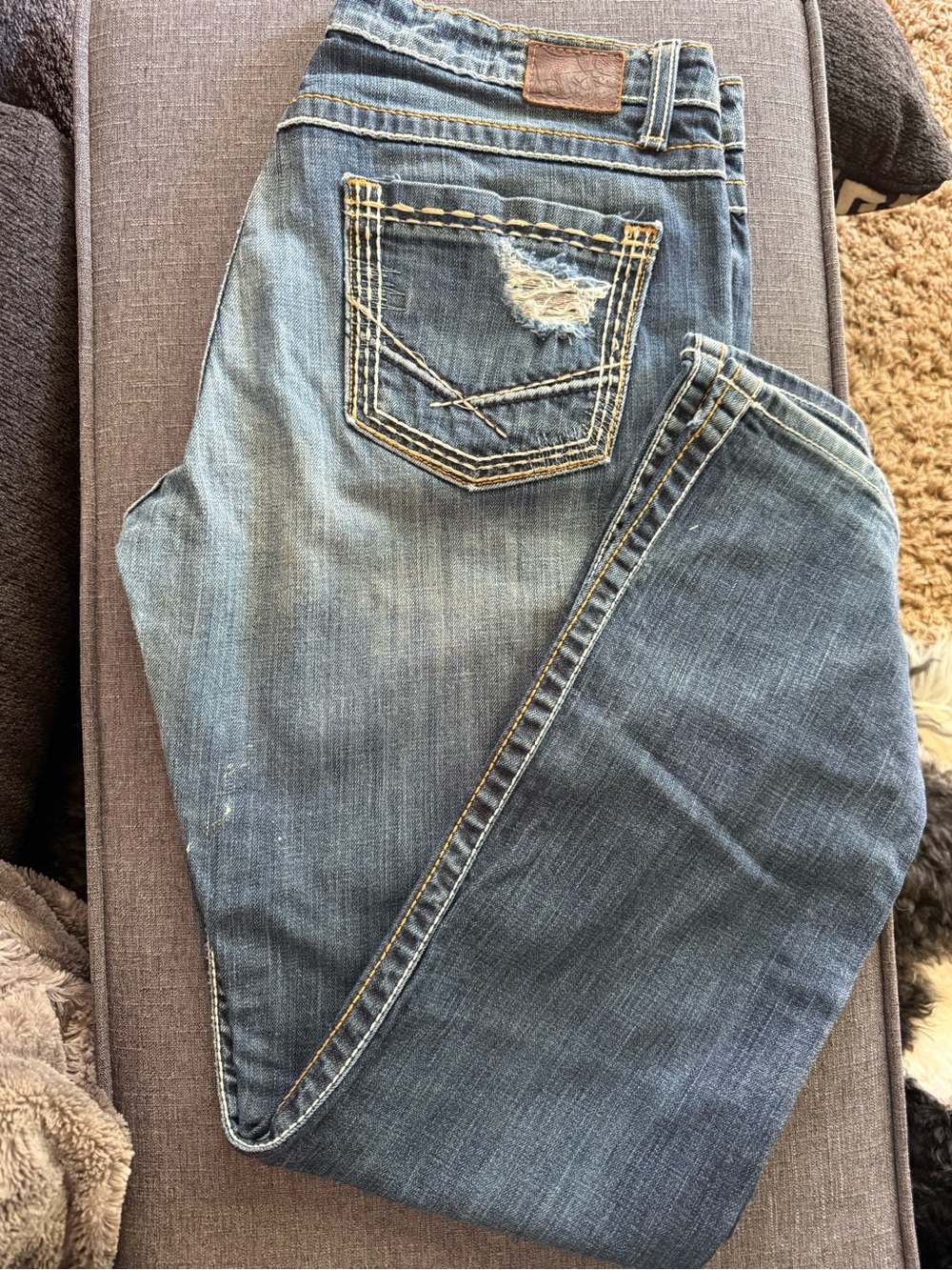 BKE Women's Boot Cut Blue Distressed Denim Jeans